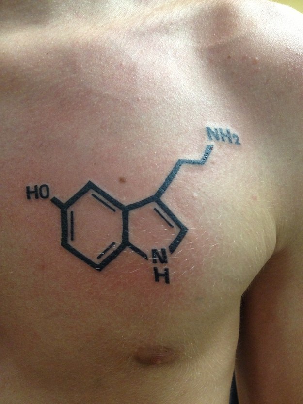 Dark Black Chemistry  Serotonin Molecule Equation Tattoo On Chest