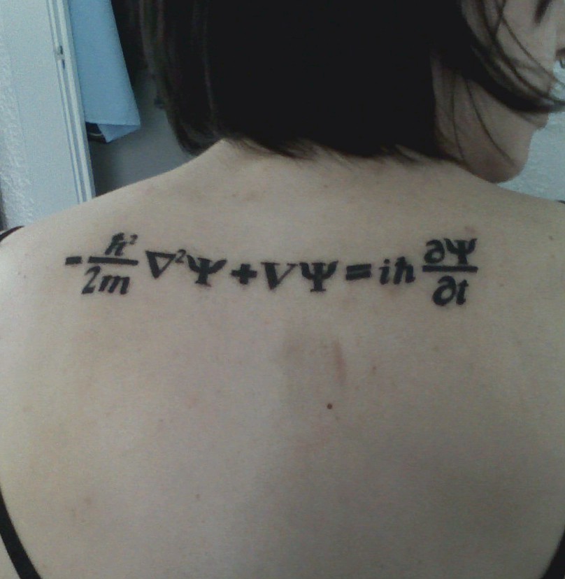 Dark Black Equation Tattoo On Upper Back For Women