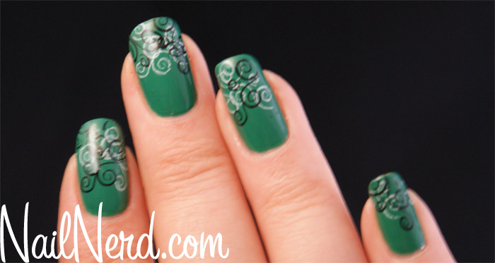 Dark Green Nails With Black And Silver Swirls Design Nail Art