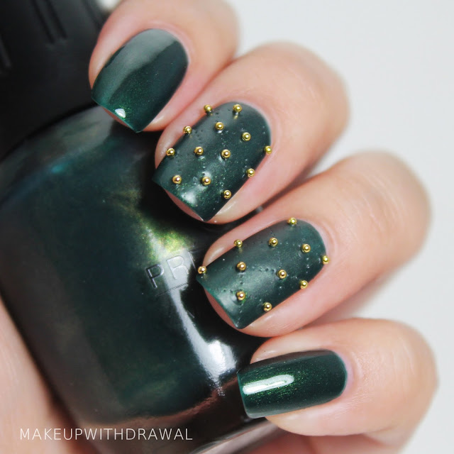 Dark Green Nails With Gold Caviar Beads Design Nail Art