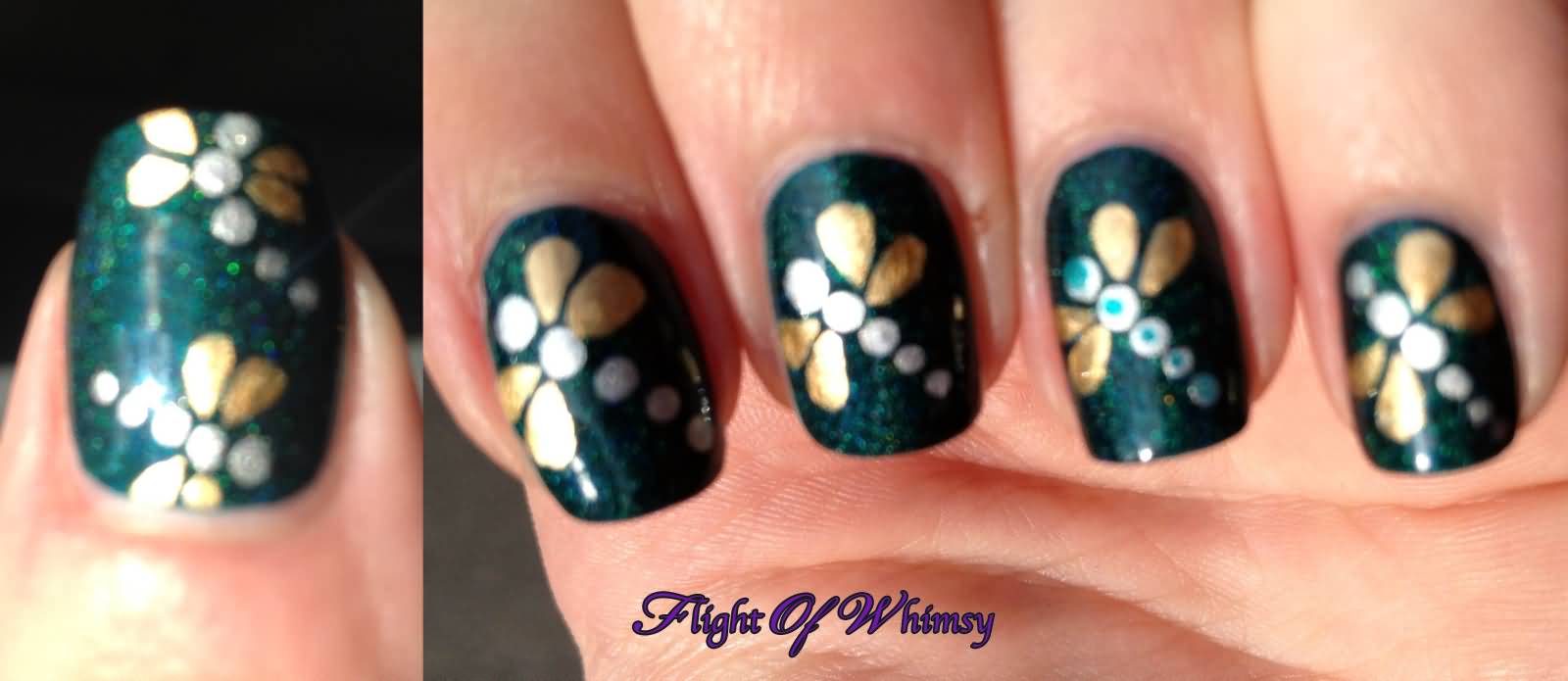 Dark Green Nails With Gold Leafs Design Nail Art