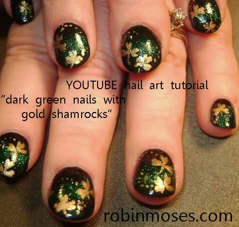 Dark Green Nails With Gold Shamrocks Nail Art