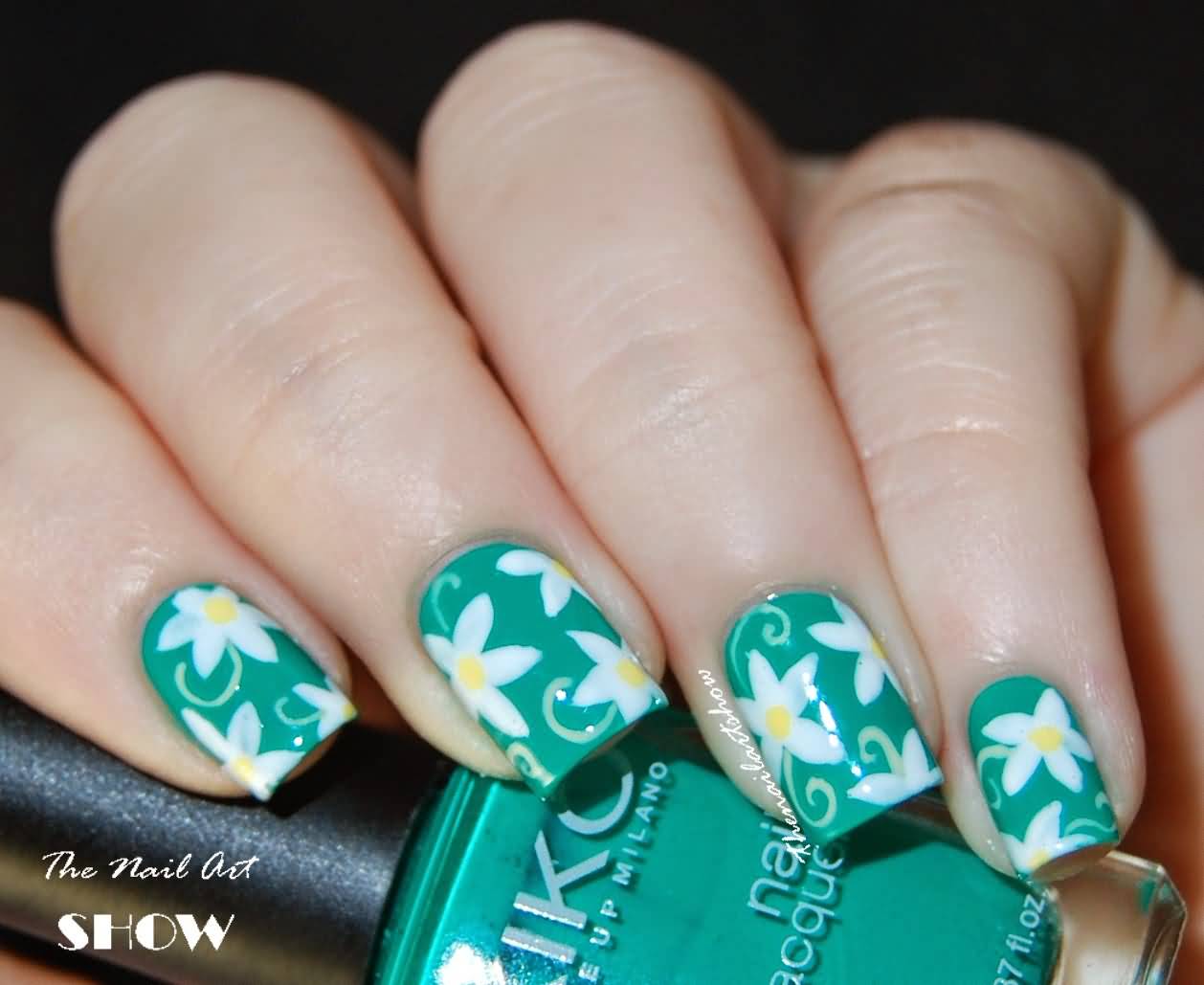 Dark Green Nails With White Flower Nail Art