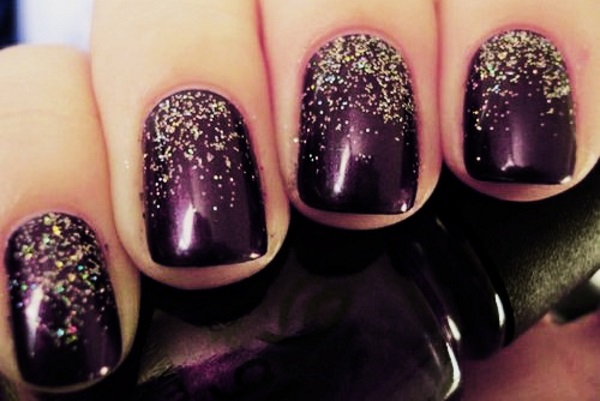 Dark Purple Nails With Gold Sparkle Glitter Half Moon Nail Art