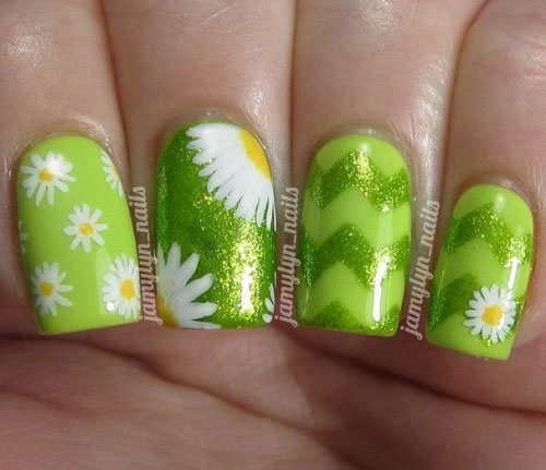 Easy Spring Daisy Floral Green Nail Art