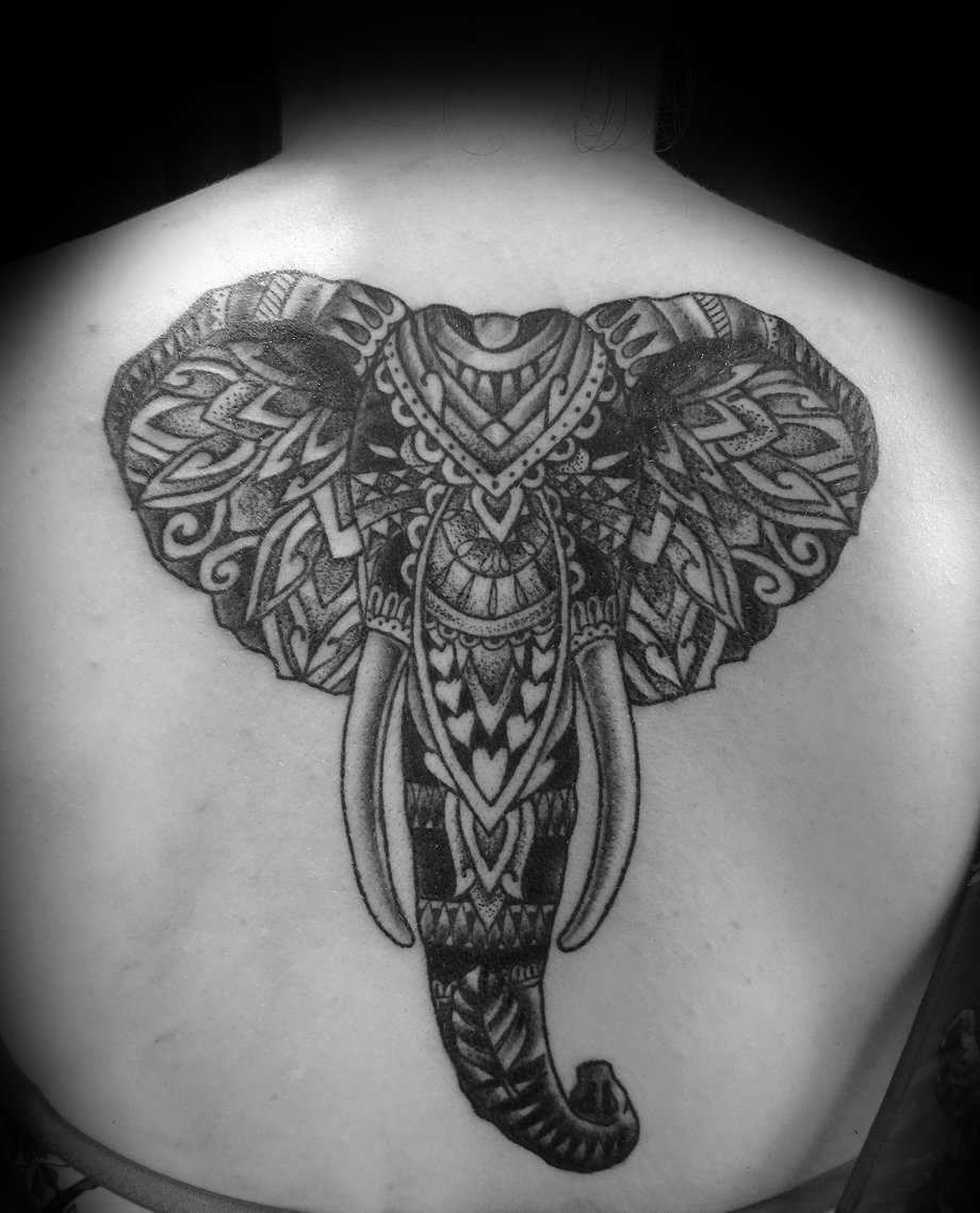Elephant Head Paisley Pattern Tattoo On Upper Back