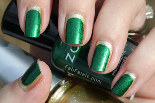 Emarld Green Nails With Reverse French Gold Design Nail Art