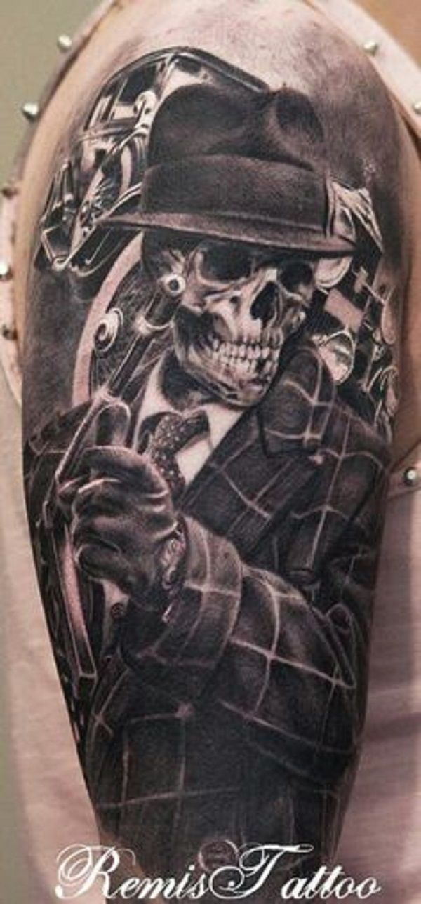 Fabulous Gangsta Skeleton With Car Tattoo On Right Half Sleeve
