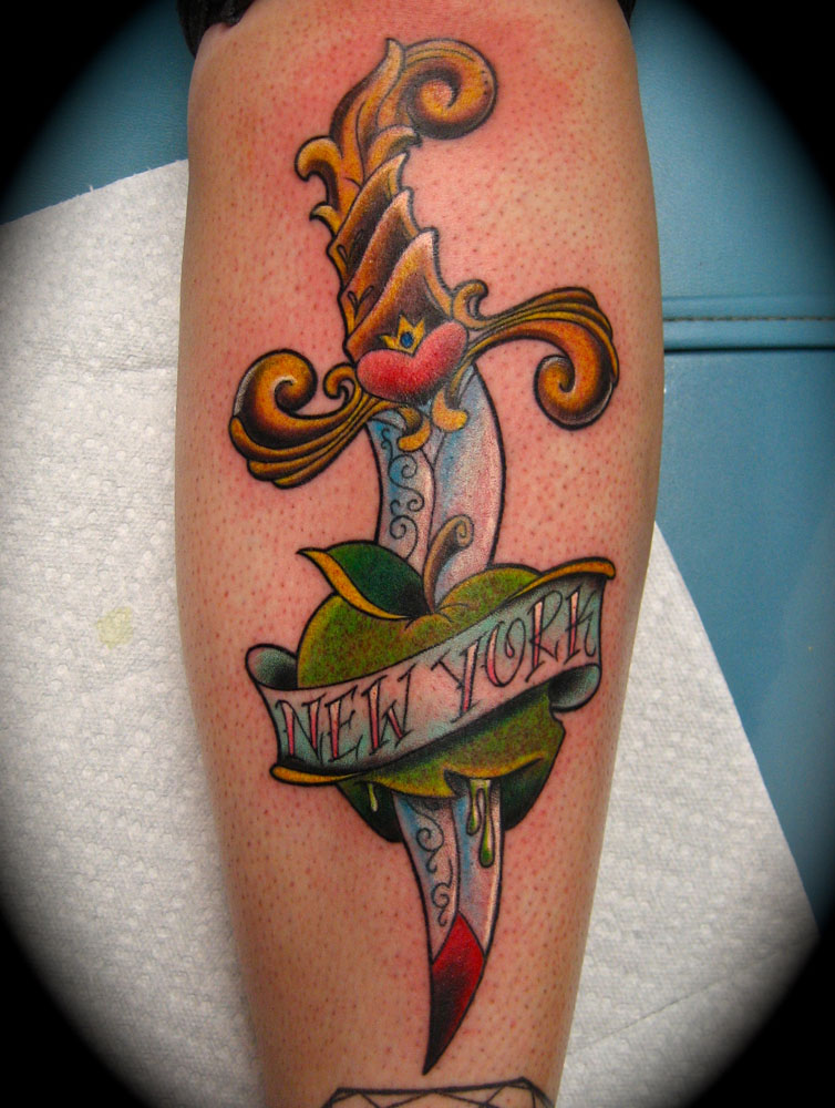 Fabulous New York Dagger Tattoo On Arm