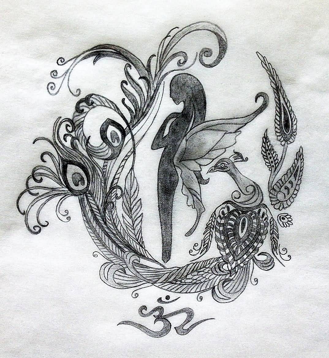 Fairy And Peacock Paisley Pattern Tattoo Stencil