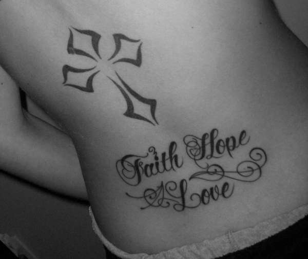 Faith Hope Love With Cross Tattoo On Lower Back