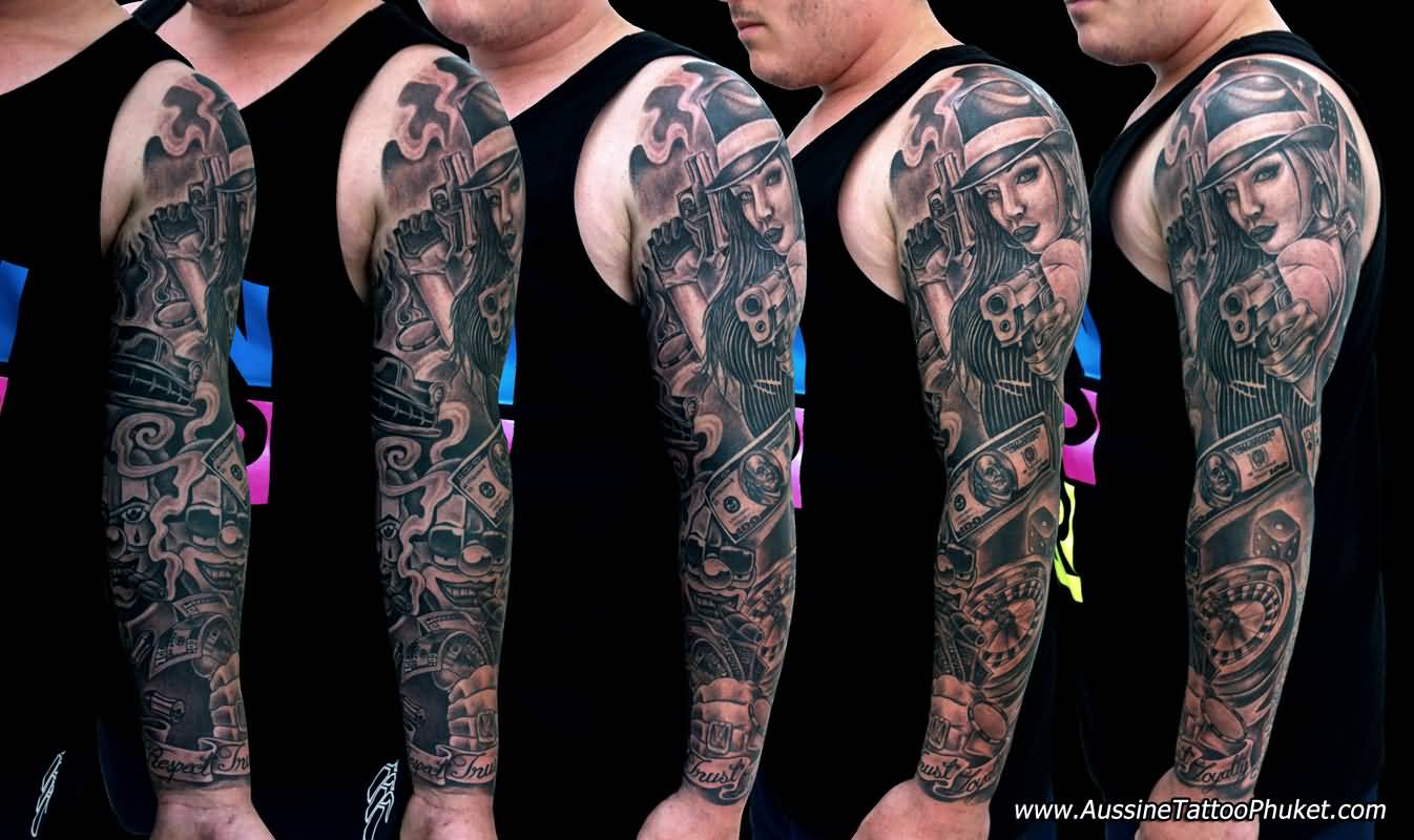 Fantastic Full Arm Gangsta Tattoo
