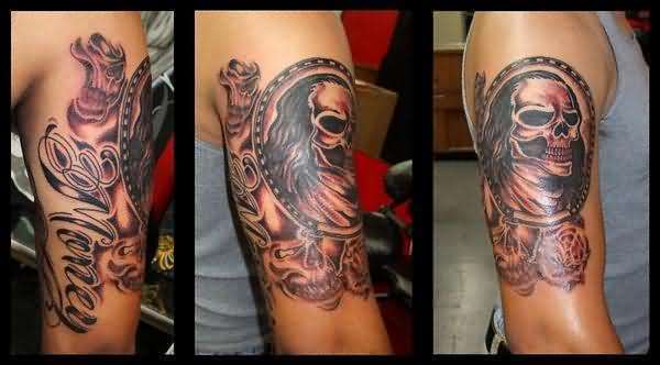 Fantastic Scary Gangsta Tattoo On Right Half Sleeve