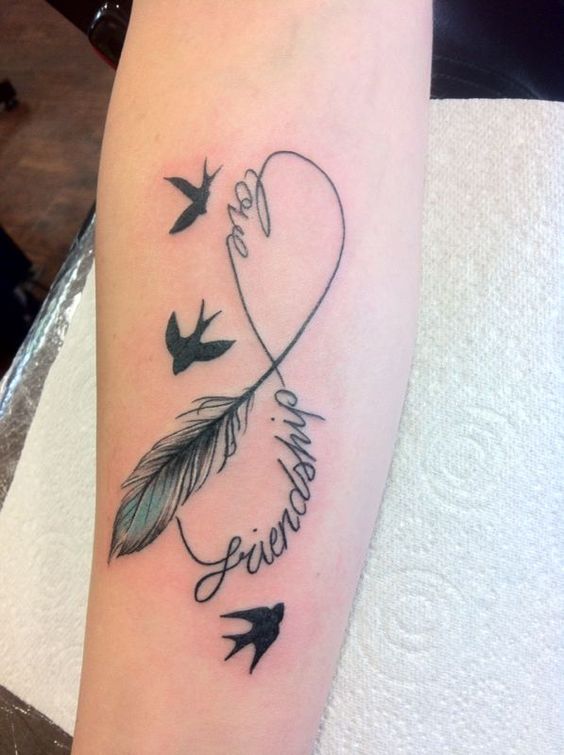Flying Birds And Infinity Friendship Love Tattoo On Forearm