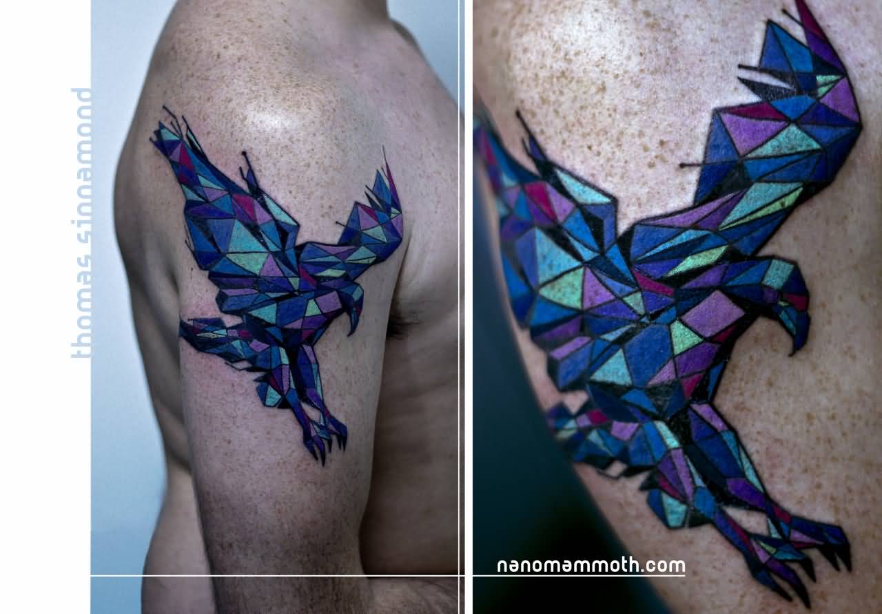 Flying Mosaic Eagle Tattoo On Right Half Sleeve