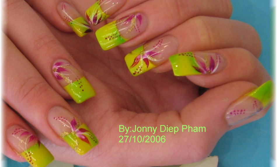 French Tip Green Nail Art With Pink Flower Design Idea