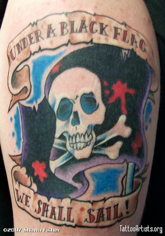 Funny Quote With Jolly Roger Flag Tattoo