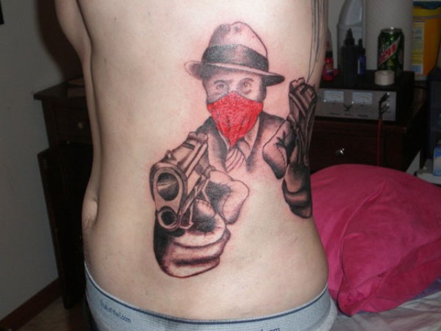 Gangsta With Guns Tattoo On Side Rib