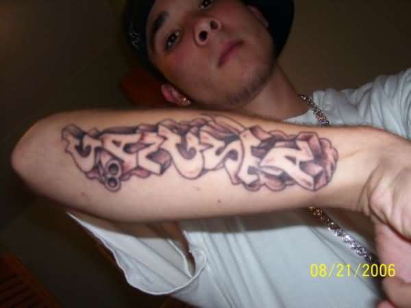 Gangster Word Tattoo On Arm Sleeve