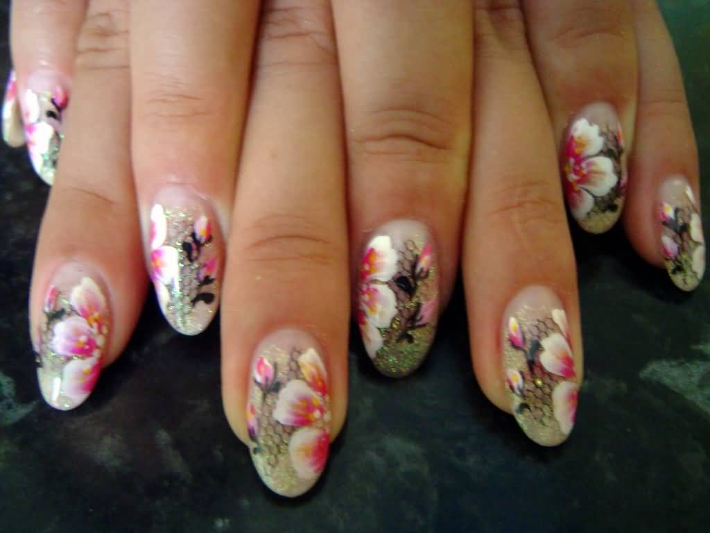 Glitter And Pink Chinese Floral Nail Art Design