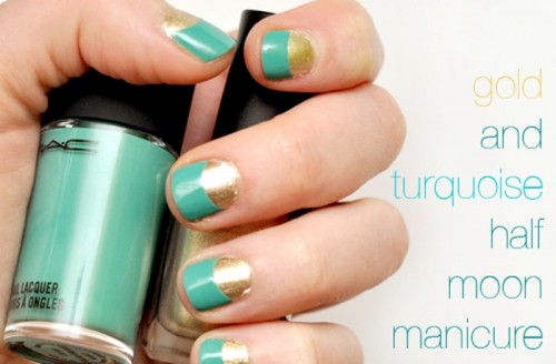 Gold And Turquoise Half Moon Nail Art