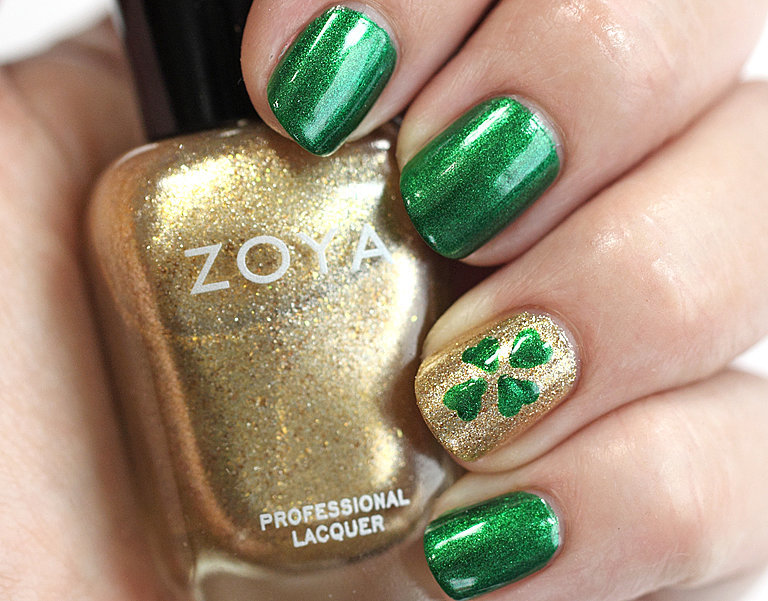 Gold Glitter Accent Nails With Shamrock Leaf Nail Art
