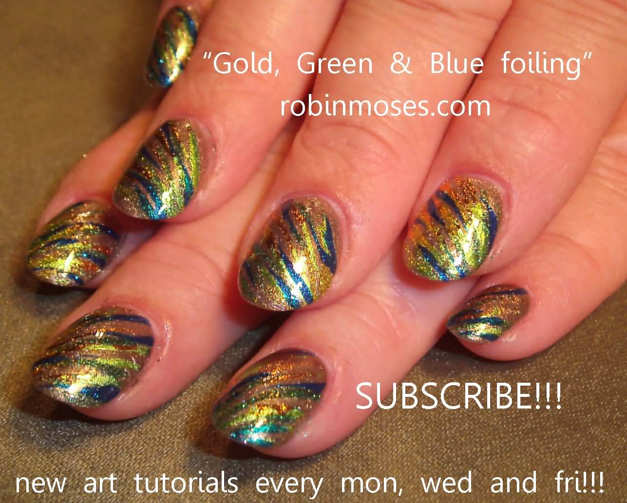 Gold Green And Blue Foiling Nail Art Design Idea