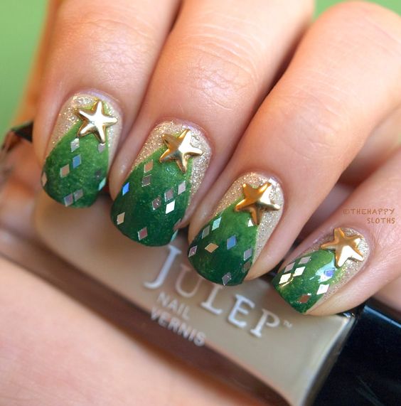Gold Star Studs With Green Christmas Tree Nail Art1