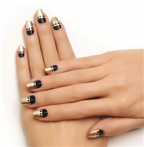 Golden Nails With Black Half Moon Nail Art