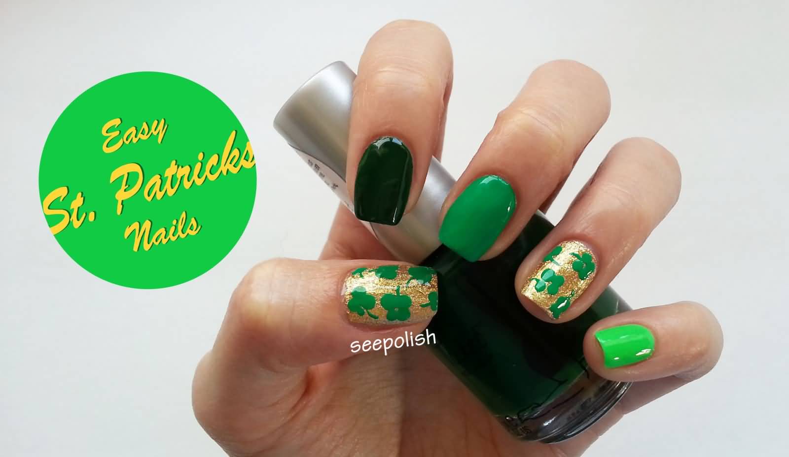 Golden Nails With Green Shamrock Leaf Design Nail Art