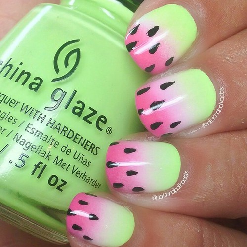 Gradient Pink And Green With Black Dots Nail Art