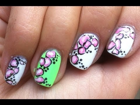 Green Accent Nail With Pink Flower Petals Design