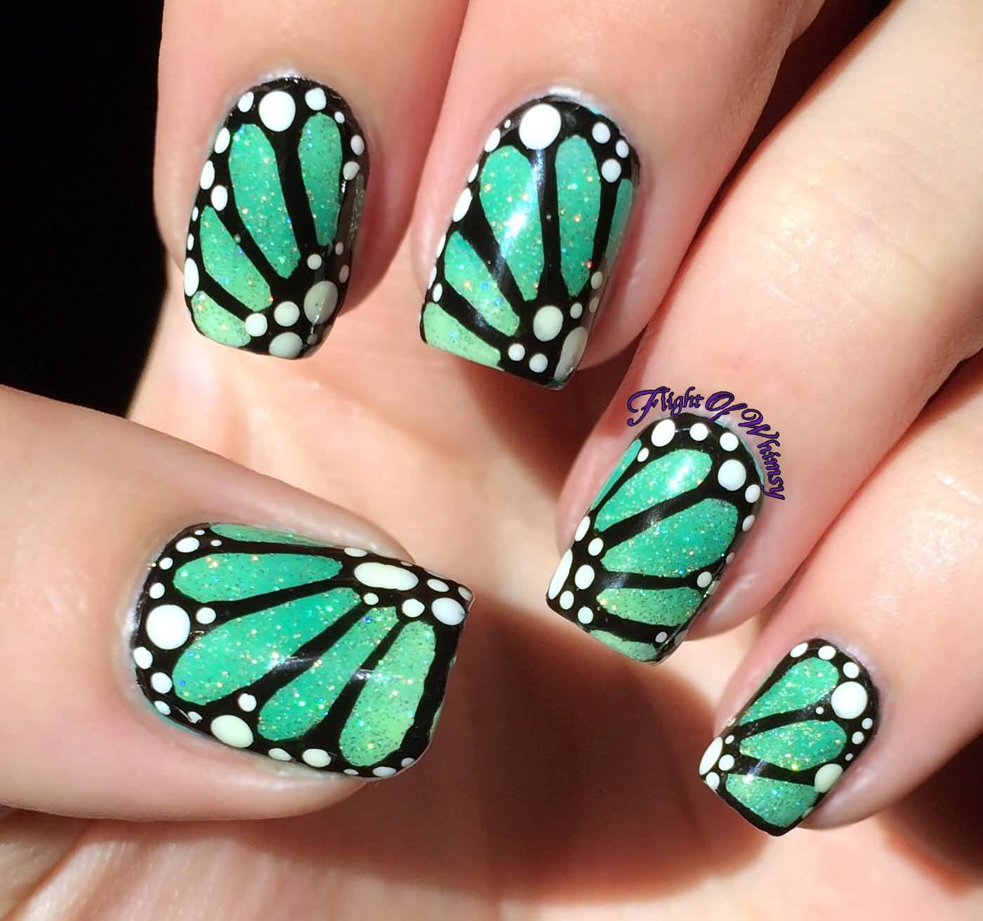 Green And Black Butterfly Wings Nail Art