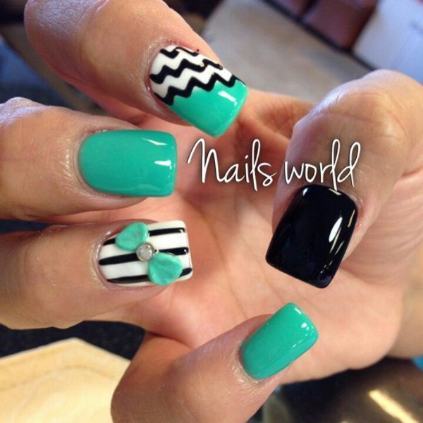 Green And Black Chevron Design With 3D Bow Nail Art
