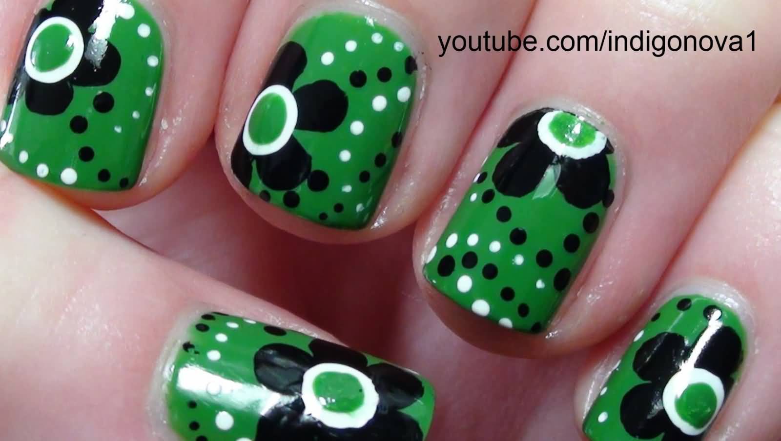 Green And Black Flower Nail Art