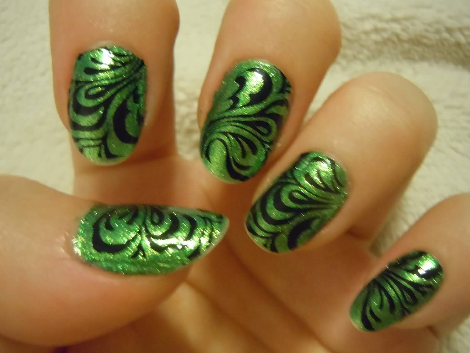 Green And Black Stamp Nail Art