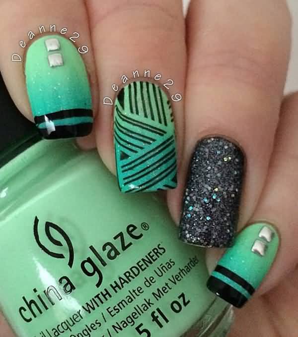 Green And Black Stripes Design Nail Art Idea
