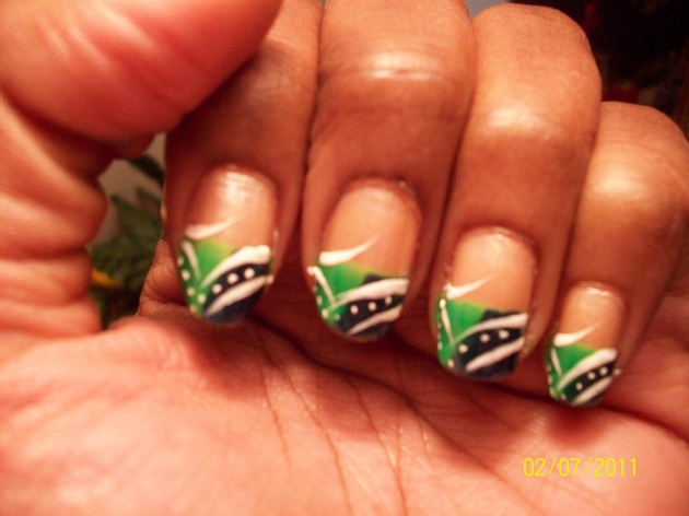 Green And Black Tips With White Nail Art