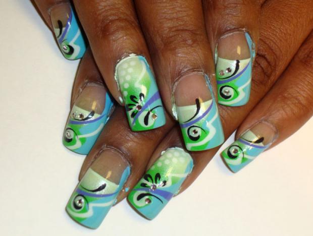 Green And Blue Nail Art With Black Floral Design Idea