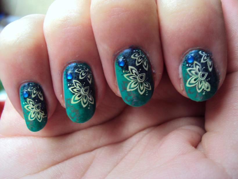 Green And Blue Nails With Cool Flower And Rhinestones Design Idea
