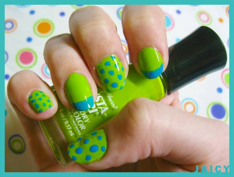 Green And Blue Polka Dots And French Tip Nail Art
