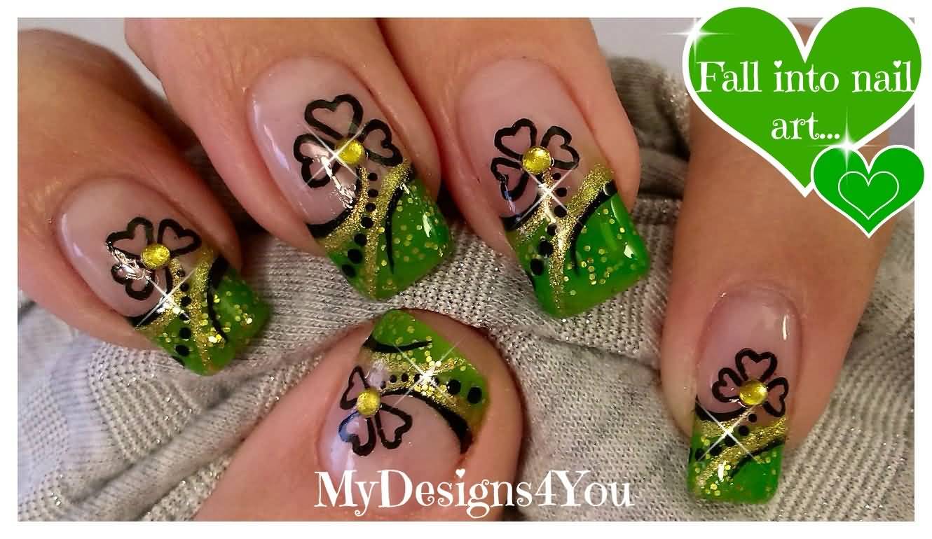 Green And Gold Glitter And Shamrock Leaf Nail Art
