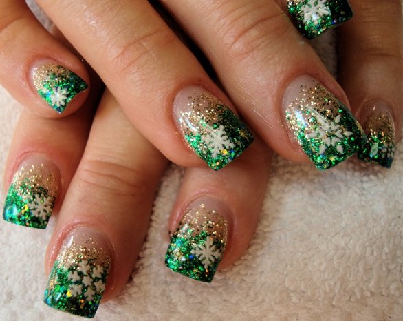 Green And Gold Glitter With Snowflakes Design Nail Art Idea