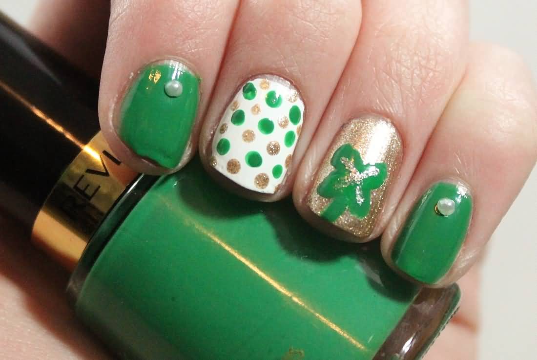 Green And Gold Polka Dots And Shamrock Leaf Nail Art