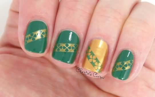 Green And Gold Stamping Nail Art Design Idea
