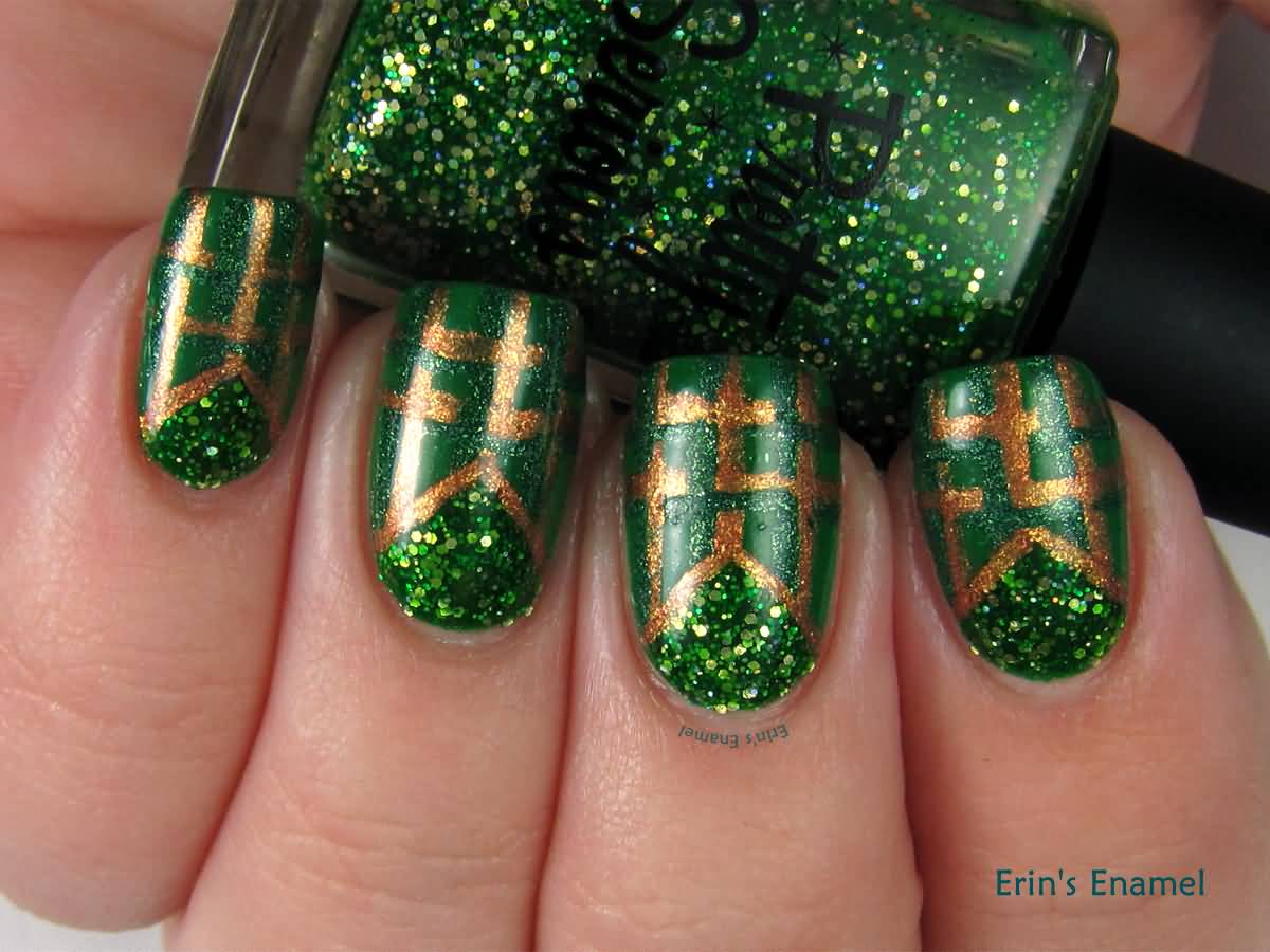 Green And Gold Stripes Design Nail Art Design Idea