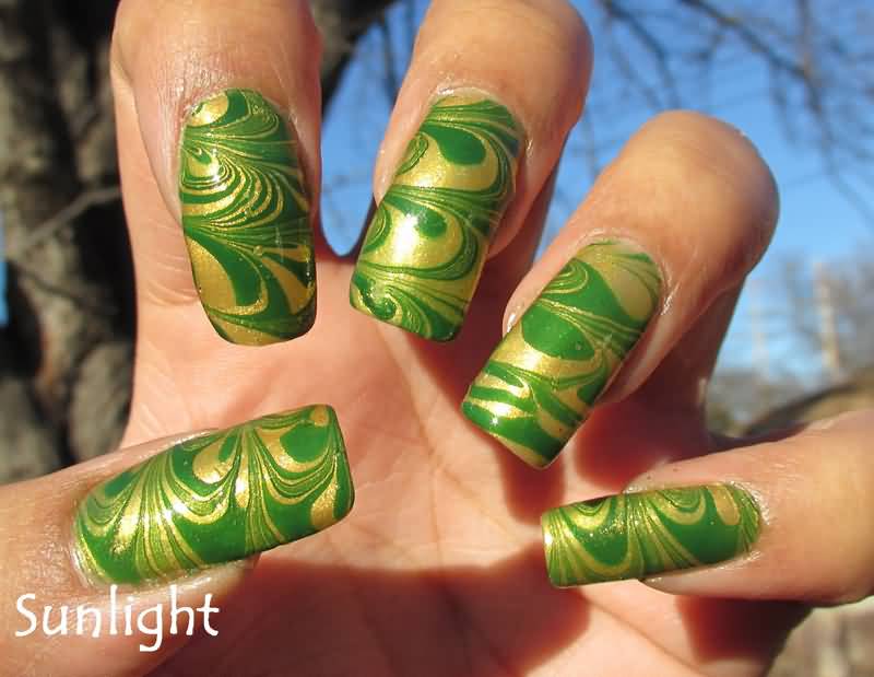 Green And Gold Water Marble Nail Art