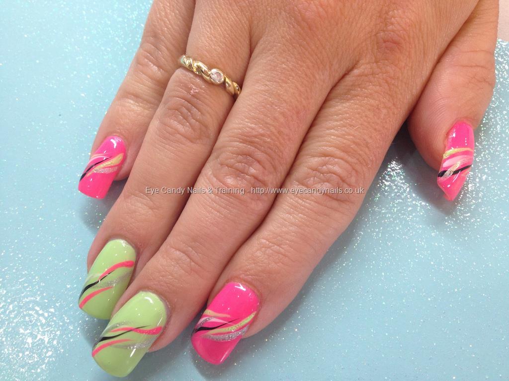Green And Pink Freehand Nail Art