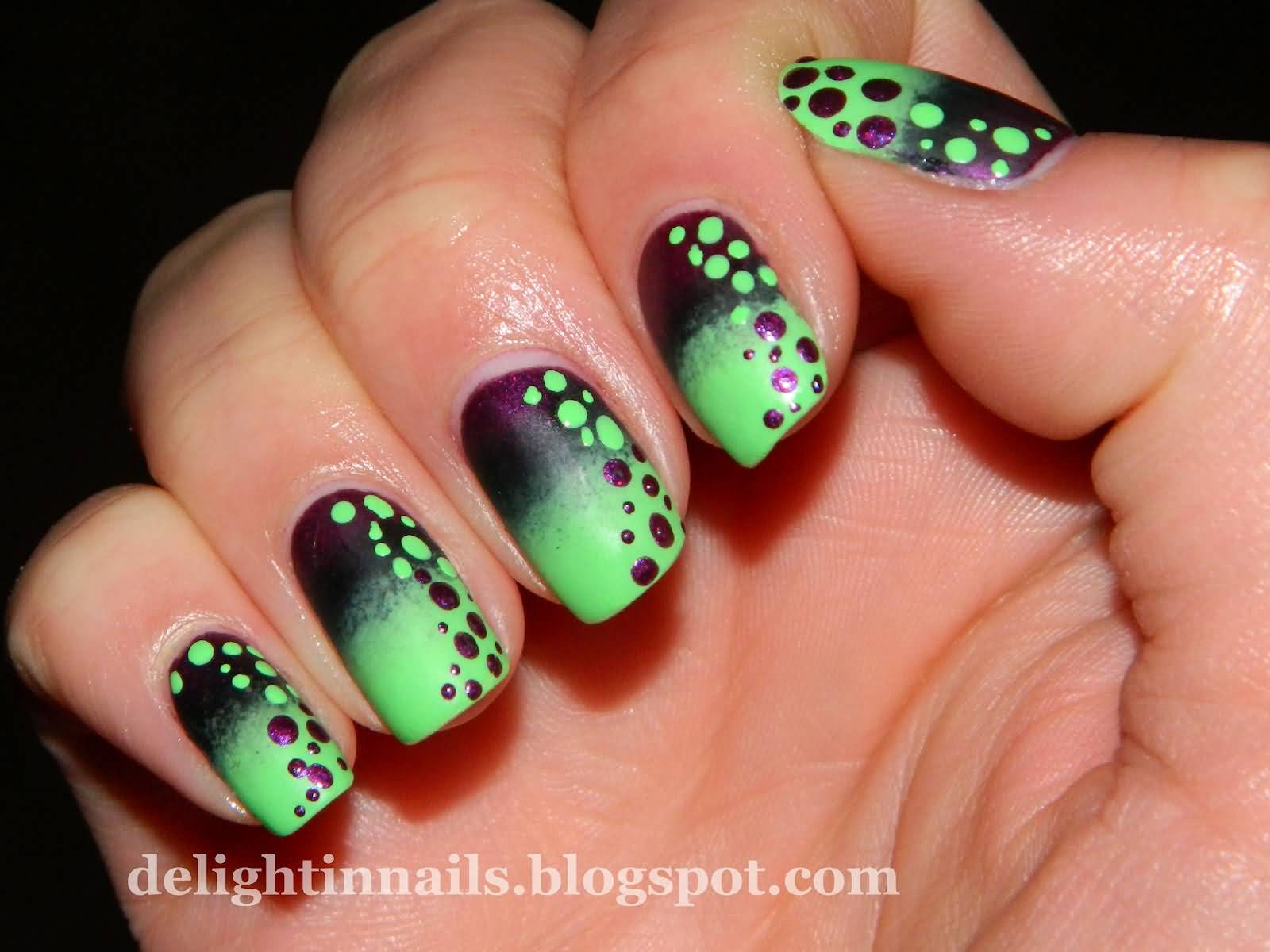 Green And Purple Gradient Nail Art With Polka Dots Design