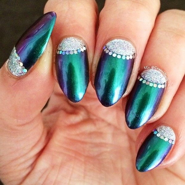 Green And Purple Gradient Nails With White Half Moon Lace Design